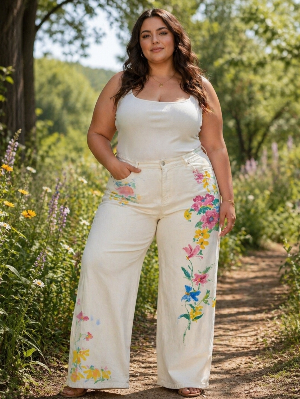LAUREN JEANS CO Women's 18W White Jeans Painted Floral Design Vintage -1627